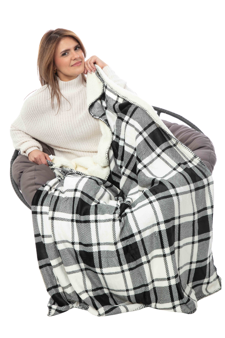 Plaid N&B - Couverture Sherpa
