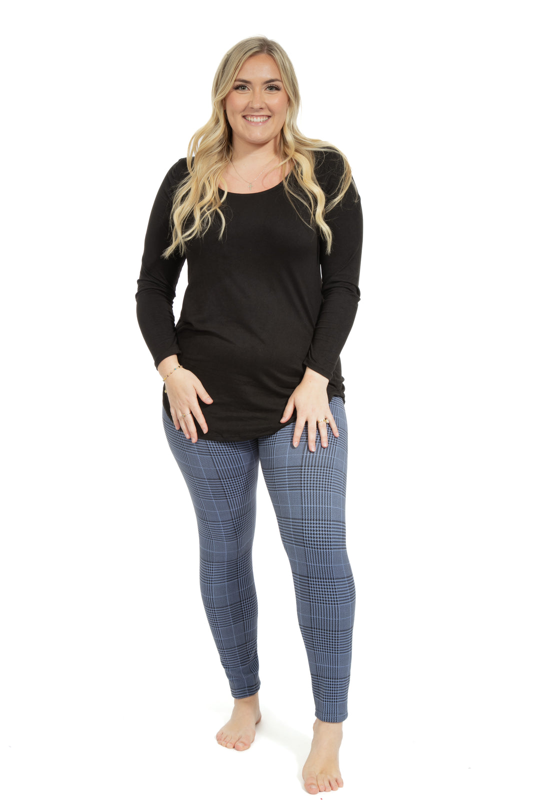 Blue Plaid Houndstooth - Cozy Lined Leggings